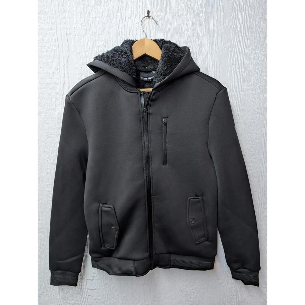 Stone Falcon Black Faux Fur Lined Full Zip Heavyweight Hooded Jacket Men's Med